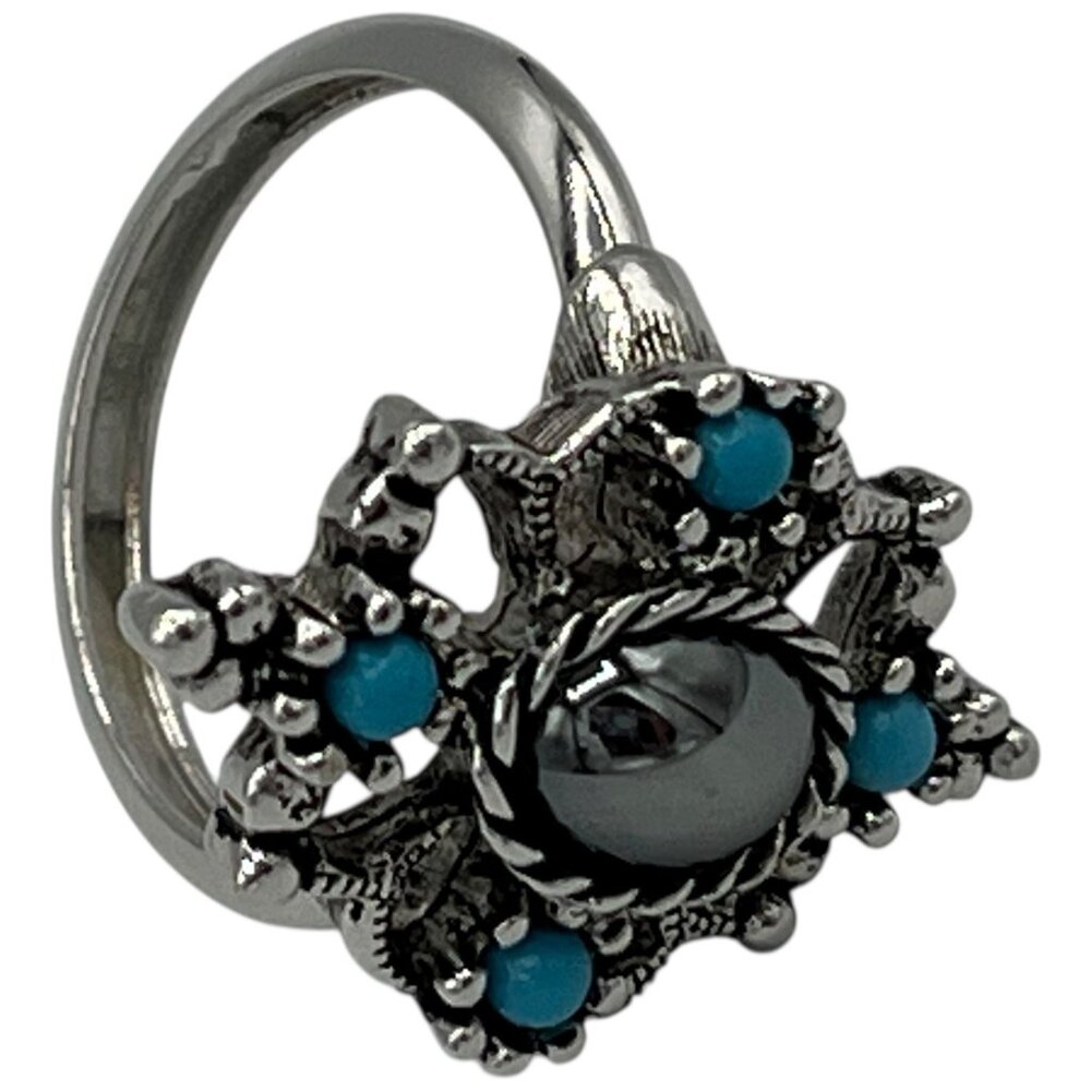 Vintage Avon Silver Tone Hematite Ring with Faux Turquoise Size 7.5 - Picture 9 of 10